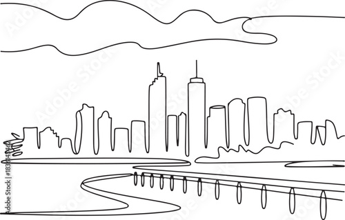 Continuous line illustration of the Brisbane skyline from Eagle Street Pier in a minimal elegant outline drawing
