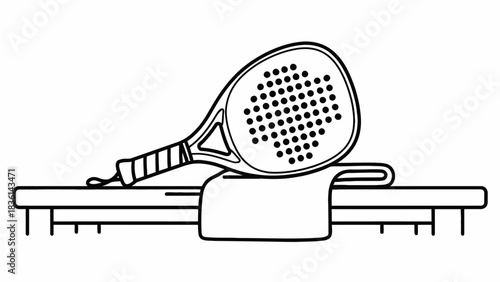 Black and white line drawing of a padel racket resting on a surface with a cloth