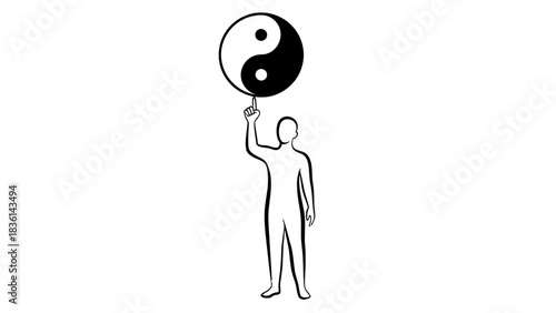 Black and white outline figure balancing a YinYang symbol on one finger