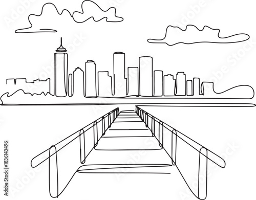 Continuous line illustration of the Brisbane skyline from Eagle Street Pier in a minimal elegant outline drawing