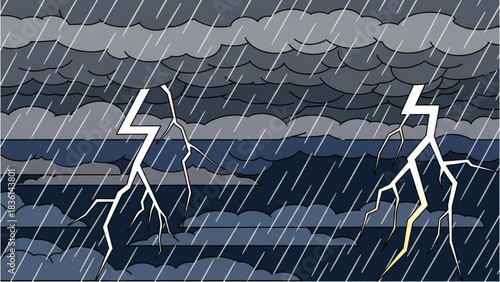 A dramatic illustration of a severe storm with heavy rain and bright lightning illuminating the dark, turbulent sky and ocean at night