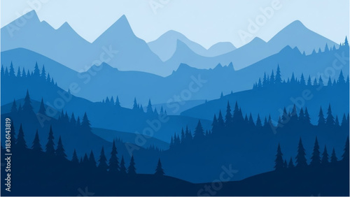 Blue Mountain Range Illustration Serene Landscape of Layered Peaks and Forests