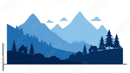Blue Mountain Landscape Silhouette Serene Scene with Houses and Trees at Dusk