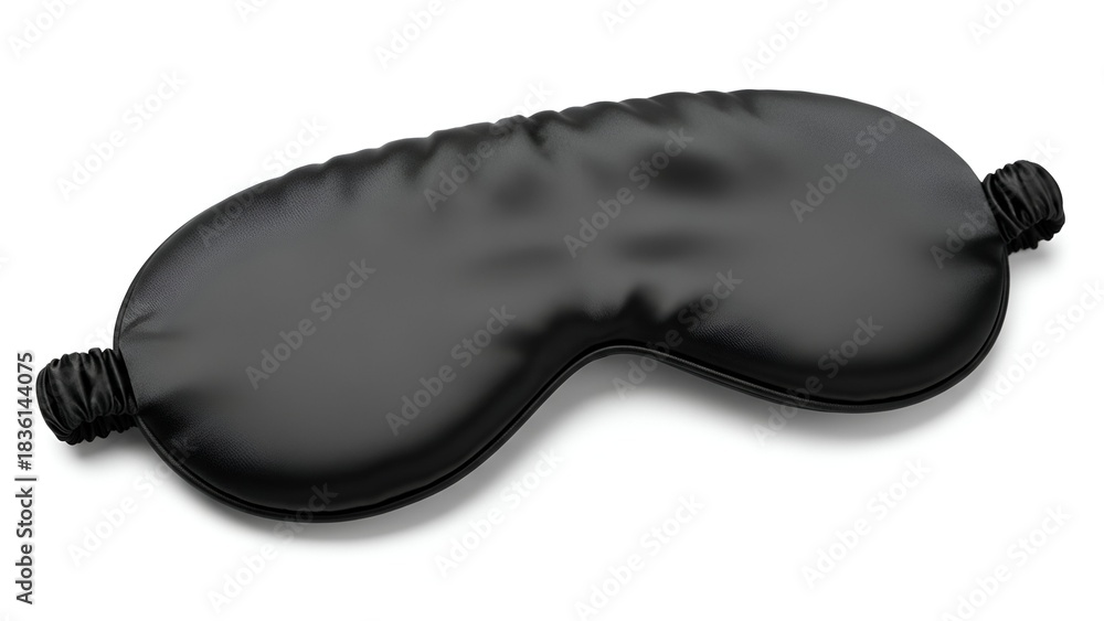 Obraz premium Close-up of a black, satin sleep mask lying on a white surface, with elastic straps