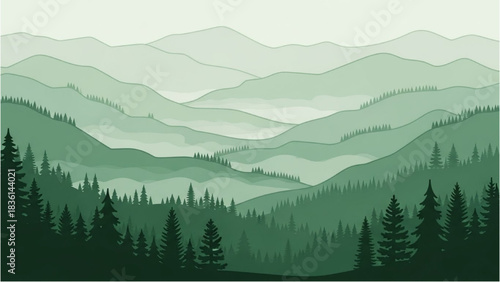 Serene Green Mountain Range Landscape Tranquil Scene of Rolling Hills & Lush Forests