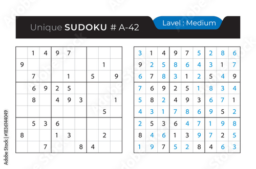 Sudoku puzzle with answer. Vector puzzle game with numbers for kids and adults. 9x9 sudoku Illustration on white background.