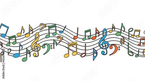 Vibrant Hand-Drawn Musical Notes Dancing on a Staff - A Colorful Illustration of Melody and Harmony