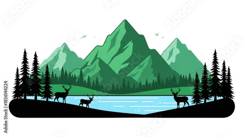 Scenic Mountain Landscape with Lake and Wildlife in a Tranquil Wilderness Setting