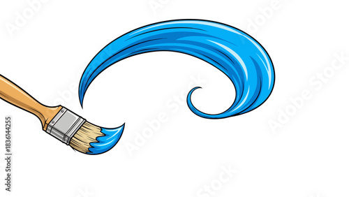 Cartoon paintbrush applying a blue swirling stroke against a white background