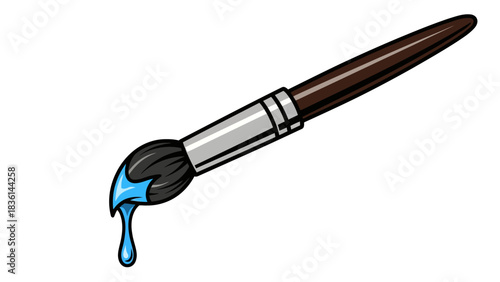 Cartoon paintbrush with dripping bright blue paint against a white background
