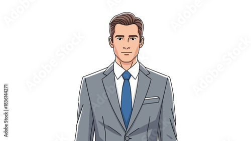 Cartoon portrait of a man in a gray suit and blue tie