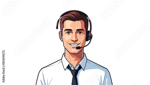 Cartoon portrait of a smiling man wearing a headset and business attire