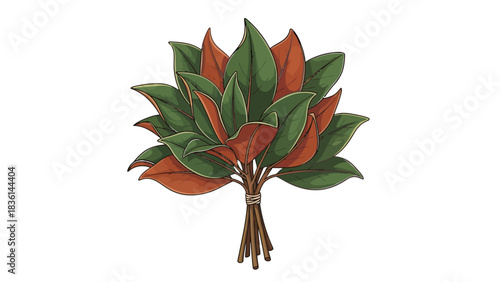 Bouquet of green and reddishbrown leaves tied with twine