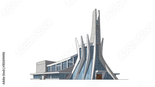 Brutalist style church with soaring concrete fins and glazed walls