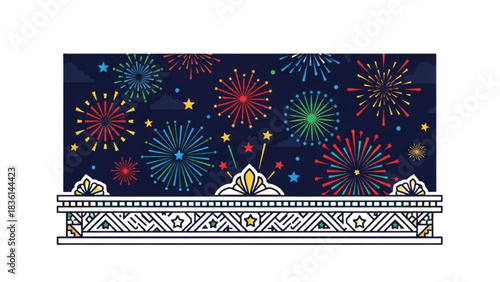 Vibrant night celebration with colorful fireworks exploding over an ornate balcony, capturing a festive atmosphere