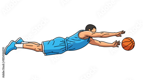 Cartoon basketball player diving horizontally for a loose ball