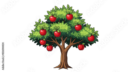 Cartoon apple tree with green foliage and ten bright red apples on a white background