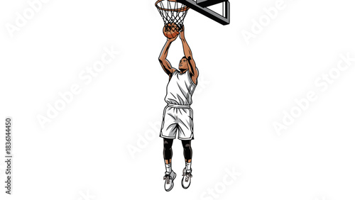 Cartoon basketball player leaping for a layup near the hoop