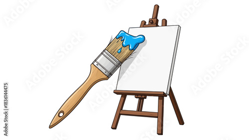 Cartoon drawing of a paintbrush dripping blue paint poised over a blank canvas on a wooden easel