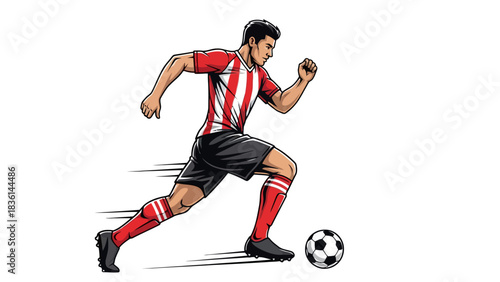 Cartoon illustration of a male soccer player in a red and white striped jersey running