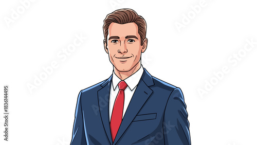 Cartoon illustration of a man in a blue suit and red tie against white