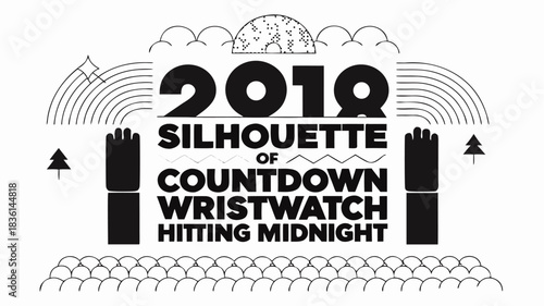 Silhouette of countdown wristwatch hitting midnight with trees and rainbow elements in black and white