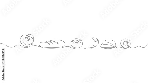 Bakery products drawn in one line. Food sketch. Continuous line drawing art. Minimalist art. Vector illustration.