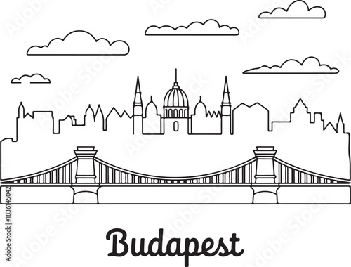 Continuous line illustration of the Budapest skyline with the Chain Bridge outline in a minimal elegant drawing