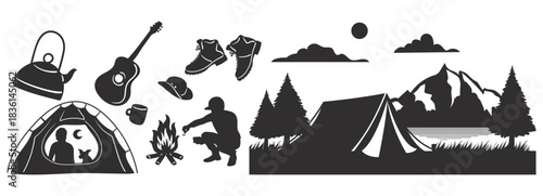 Camping Silhouette Vector. Scenic Forest Landscape with Tent Near Lake and Pine Trees Under Open Sky.