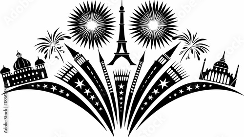 Black and white illustration of world landmarks with fireworks and star banners design element