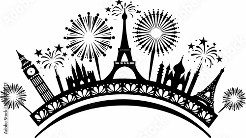 Black and white skyline silhouette featuring iconic landmarks and fireworks in a festive arrangement