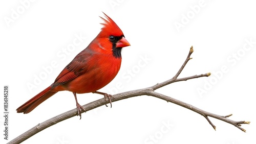 Vibrant red male bird with a crest perched on a bare branch against a white background