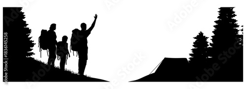 Camping Silhouette Vector. Scenic Forest Landscape with Tent Near Lake and Pine Trees Under Open Sky.