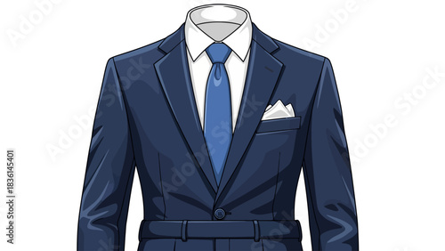 Closeup of a dark blue suit jacket white collar shirt blue tie and pocket square