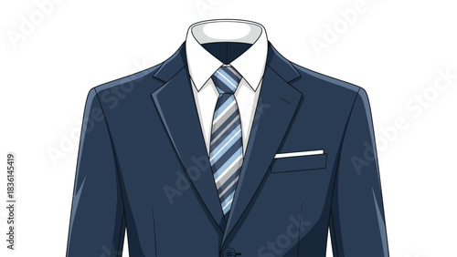 Closeup of a dark blue suit jacket white shirt and striped blue tie
