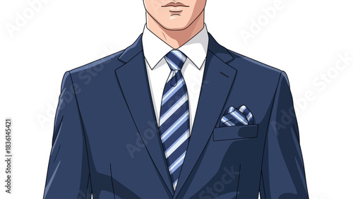 Closeup of a man in a navy suit white shirt striped tie and pocket square