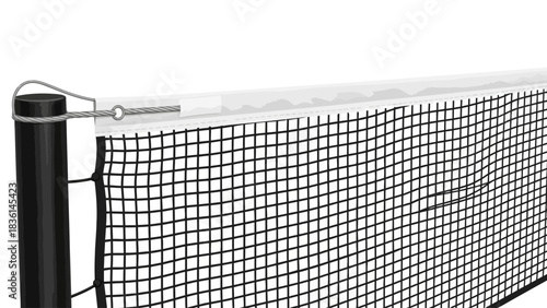 Closeup of a black sports net attached to a black pole via a cable