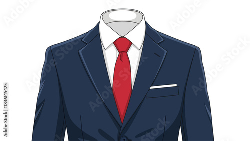 Closeup of a navy blue suit jacket white shirt and red tie