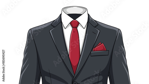 Closeup of a gray suit jacket white shirt red tie and pocket square