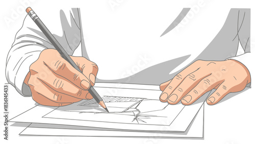 Closeup of hands drawing on paper with a pencil