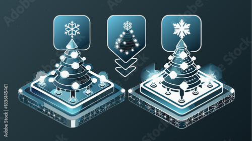Two christmas trees with snowflakes on platforms in a futuristic style design illustration art