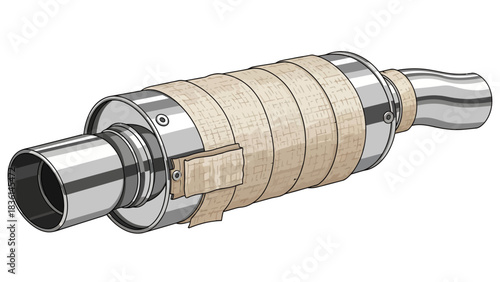 Cylindrical metal muffler wrapped in tan thermal insulation tape