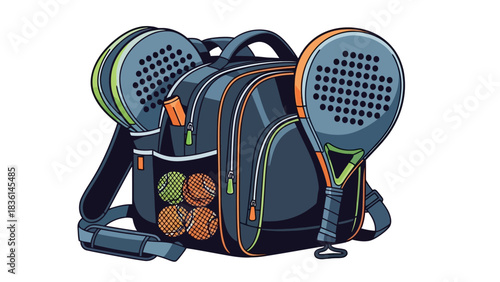 Dark blue padel bag with rackets and balls on a white background