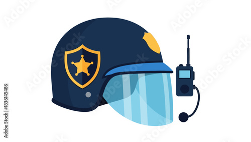 Dark blue police helmet with gold badge face shield and attached radio