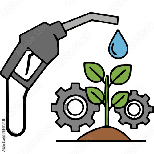 Green Energy Concept Fuel Nozzle Pouring Water on Plant With Gears Symbolizing Sustainable Industry Growth And Eco Friendly Technology And Renewable Resources And Clean Fuel Innovation