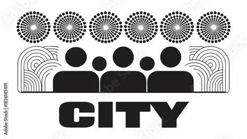 Illustration of a city skyline with people, fireworks, and stylized art deco elements design