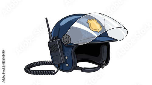 Dark blue police riot helmet with clear visor badge and sidemounted radio