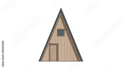 Front elevation of a simple Aframe wooden cabin with a door and small window