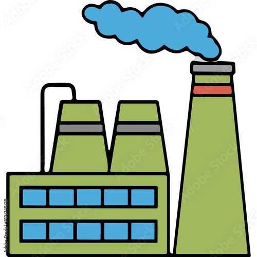 Green Industrial Factory Building with Two Tall Chimneys Emitting Blue and White Smoke Against a Black Background Industrial Architecture and Pollution Concept