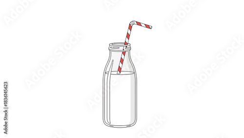 Glass milk bottle with a red and white striped bendy straw filled with white liquid